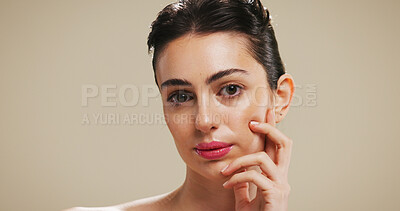 Buy stock photo Portrait, woman and skincare for glow, beauty or cosmetics for smooth skin, healthy and dermatology. Soft, wellness and hydration of face for shine, studio background and person with pride in USA