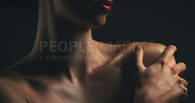 Buy stock photo Body, skincare and shoulders of woman in studio with beauty, collagen or cosmetics. Wellness, cosmetology and female person with natural glow for dermatology, health or benefits by black background.