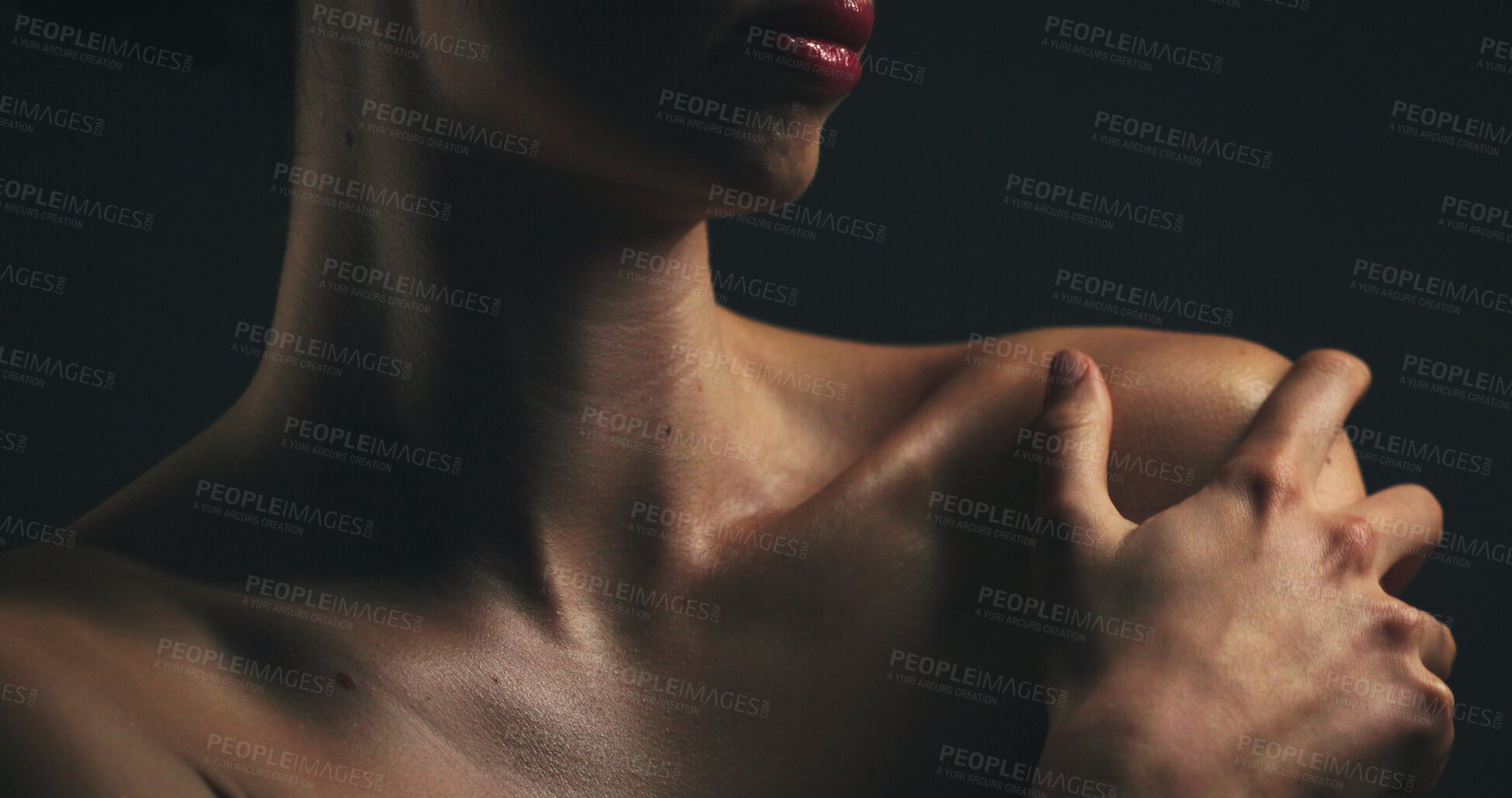 Buy stock photo Body, skincare and shoulders of woman in studio with beauty, collagen or cosmetics. Wellness, cosmetology and female person with natural glow for dermatology, health or benefits by black background.