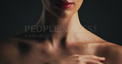 Buy stock photo Shoulder, glow and skincare with woman in studio for dermatology, body care and hygiene. Collagen benefits, aesthetic and shine with closeup of person on black background for grooming and neck