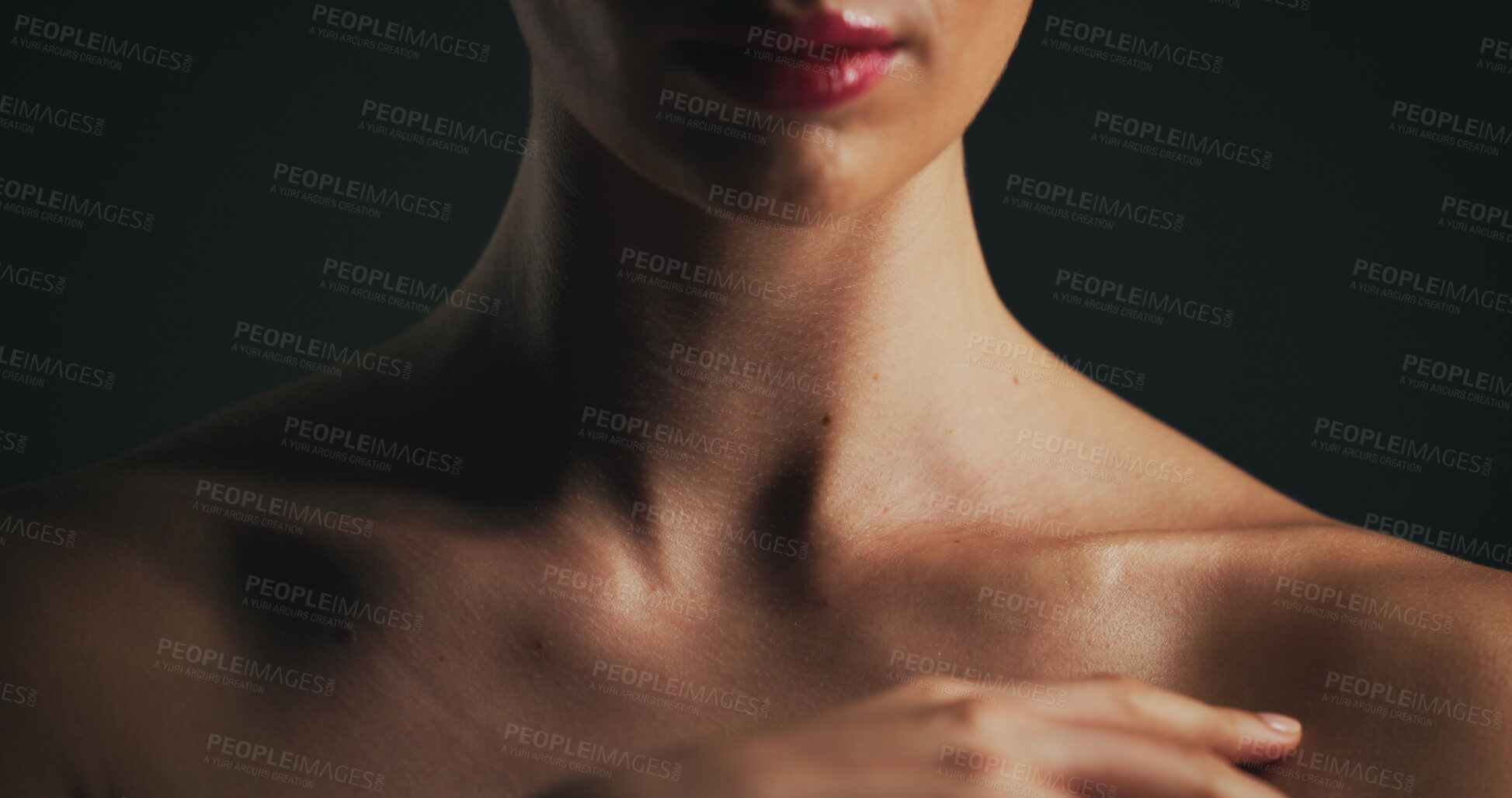 Buy stock photo Shoulder, glow and skincare with woman in studio for dermatology, body care and hygiene. Collagen benefits, aesthetic and shine with closeup of person on black background for grooming and neck