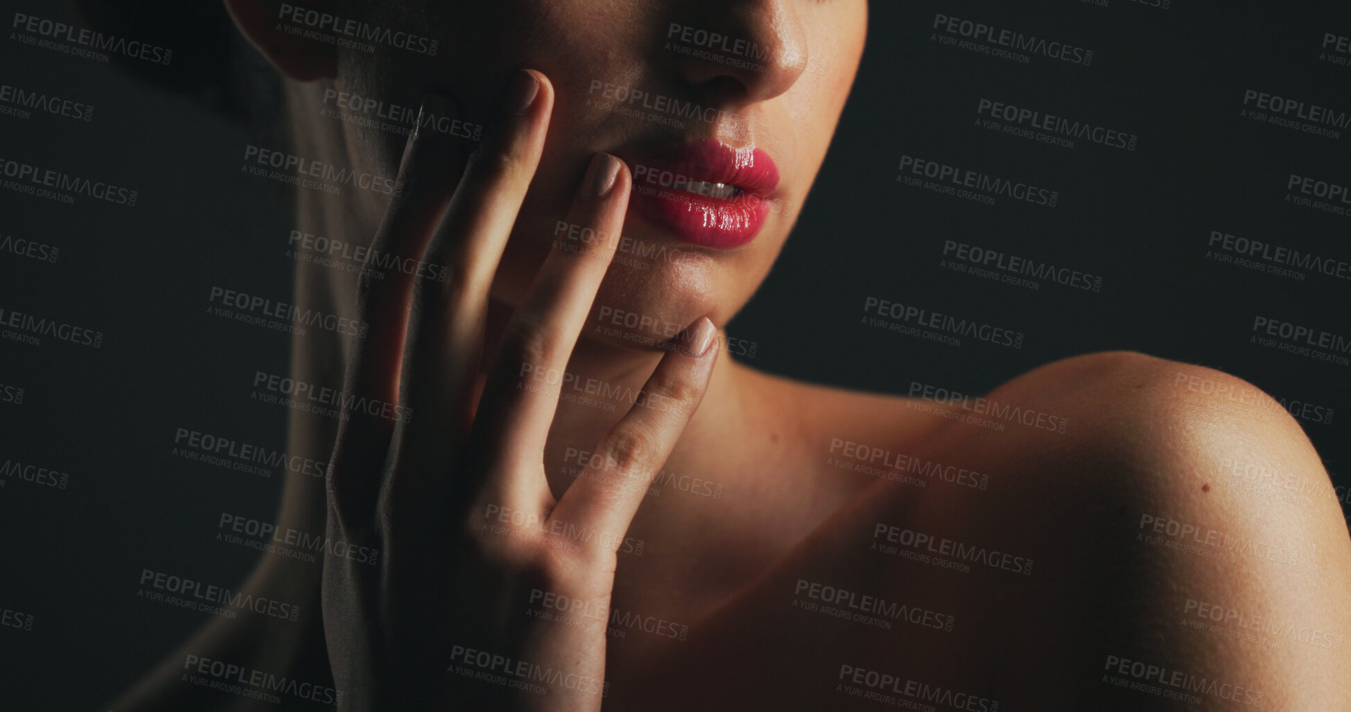 Buy stock photo Makeup, touch and woman in studio with red lipstick, change or dermatology transformation. Cosmetics, self care and female person with aesthetic for cosmetology treatment for glow on black background