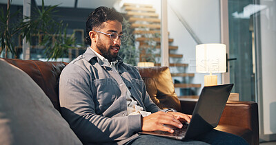 Buy stock photo Freelancer, laptop and glasses with man on sofa for article research, blog writer and reading. Journalist planning, remote worker and draft editing with person in living room of home for publishing