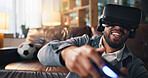 Man, vr headset and video game in home with controller, play and metaverse user experience in lounge. Person, augmented reality and happy for virtual soccer contest, esports or competition at house