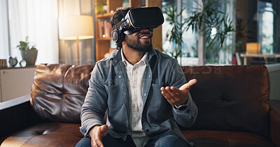 Buy stock photo Virtual reality, happy and man on sofa in home for online gaming, metaverse and connection. Gamer, living room and person with VR headset for futuristic user experience, simulation and entertainment