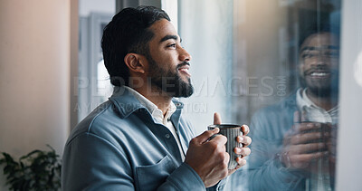 Buy stock photo Man, coffee and thinking by window in office for business plan, dream opportunity or insight. Reflection, entrepreneur and happy with vision for startup, company development or contemplating decision