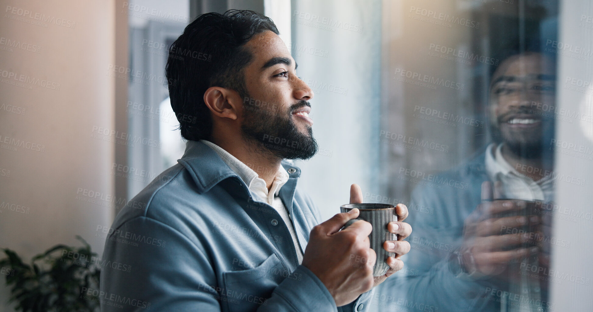Buy stock photo Man, coffee and thinking by window in office for business plan, dream opportunity or insight. Reflection, entrepreneur and happy with vision for startup, company development or contemplating decision