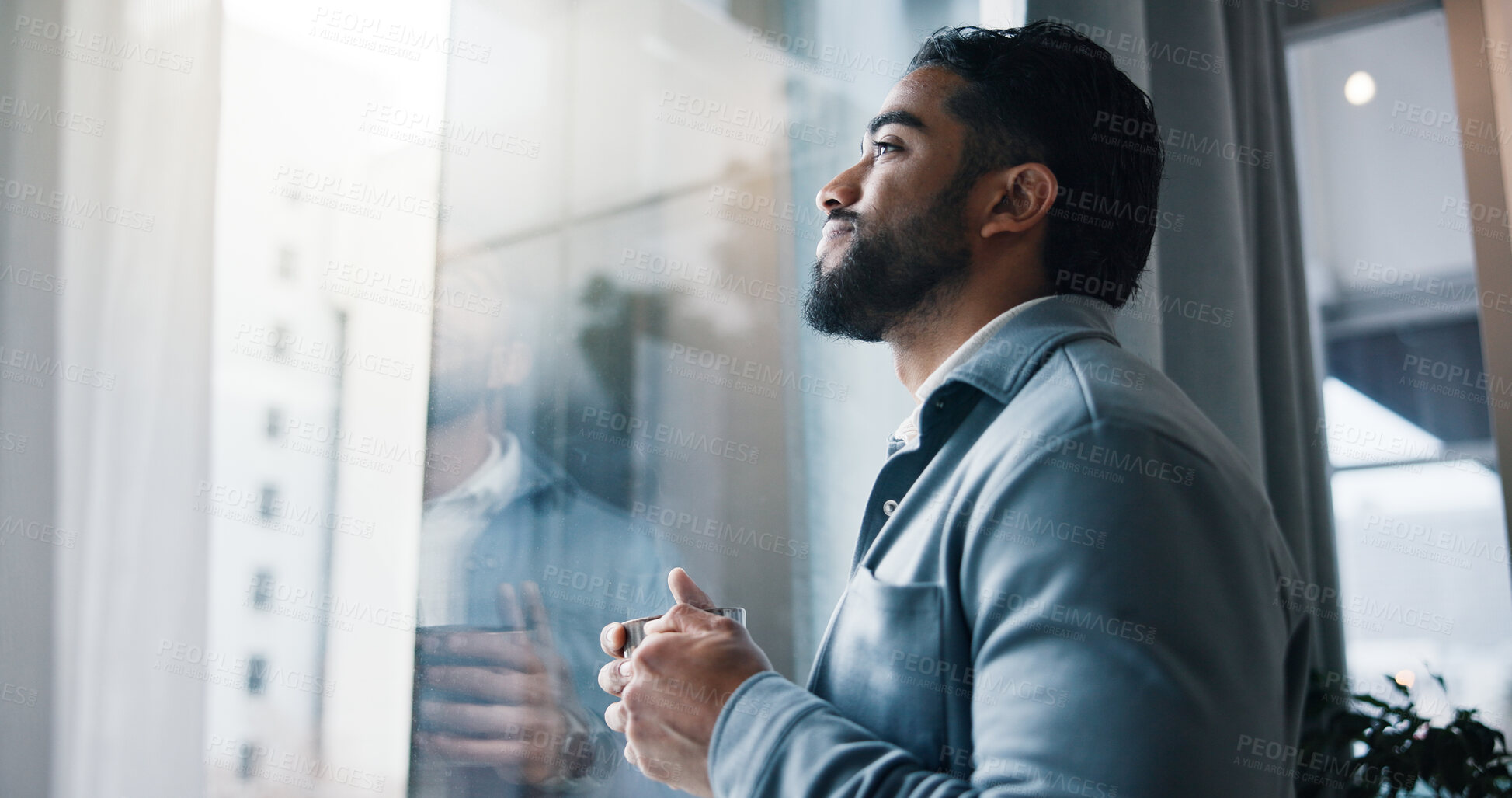 Buy stock photo Man, coffee and thinking by window at work for business plan, dream opportunity or insight. Reflection, entrepreneur and planning in office with startup vision, company development and funding ideas