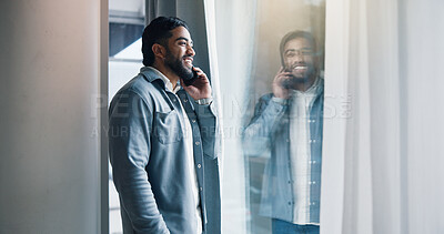 Buy stock photo Phone call, communication and businessman by window in office with networking for creative project. Happy, contact and male copywriter on mobile discussion with cellphone by glass door in workplace.