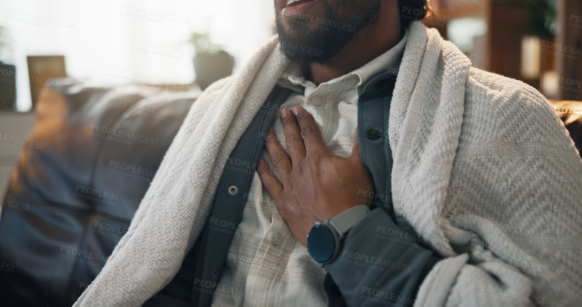 Buy stock photo Sick, man and hands on chest pain, home and signs of heart attack, emergency and pressure in lounge. Illness, discomfort and person with bronchitis, infection or symptoms of lung disease in house