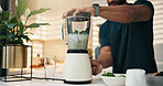 Blender, kitchen and hands in home for nutrition, breakfast and snack or diet. Smoothie, weight loss and male person with organic ingredients for health, wellness or morning fruit drink in house