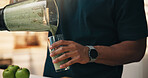 Blender, kitchen and hands in home for health, breakfast and snack or diet. Smoothie, weight loss and male person with organic ingredients for nutrition, wellness or morning fruit drink in house