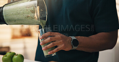 Buy stock photo Blender, kitchen and hands in home for health, breakfast and snack or diet. Smoothie, weight loss and male person with organic ingredients for nutrition, wellness or morning fruit drink in house