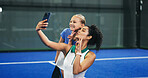 Padel, peace sign and selfie of coach with girl in sports venue for memories, practice or training. Emoji, fitness or social media with child and personal trainer woman on space for profile picture