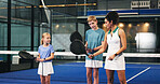 Padel, training and coach with kids, help and motivation with advice, teaching and technique. Sports, instructor and people with practice, coordination exercise and learning with performance tips