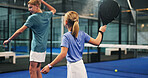 Padel, fitness and children with racket on court for workout, exercise and training together. Sports club, siblings and boy with girl for playing game, match and tournament to practice swing or serve