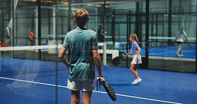 Buy stock photo Padel tennis, athlete and children with racket, court and training for tournament, healthy or sport. Kids, skill development and match preparation with practice, back and exercise for competition