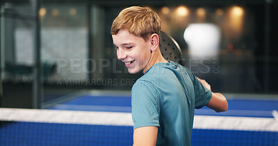 Buy stock photo Padel tennis, athlete and teenager with racket, court or training for tournament, fitness or health. Happy, boy and match preparation with practice, growth and skill development for sport and game