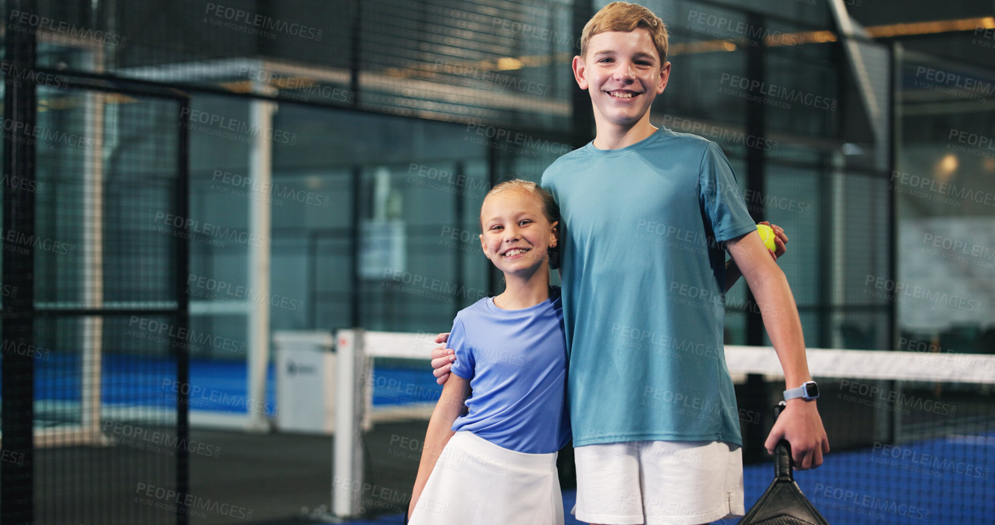 Buy stock photo Tennis portrait, children and happy on court for match practice, game exercise or competition workout. Padel team, junior club or kids with smile at sports facility for about us, wellness or training