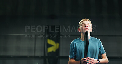 Buy stock photo Padel tennis, training and teenager with racket, court or fitness for tournament, athlete or health. Boy, skill development and match preparation with practice, mockup space and exercise for sport