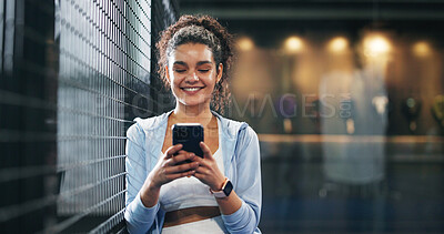 Buy stock photo Athlete, woman and happy with phone at tennis court for practice break, sport and online browsing. Space, night and person with smartphone at padel club for fitness research, resting and social media