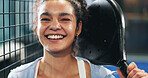 Padel, sports and portrait of happy woman on court with racket for practice, exercise and challenge. Fitness club, smile and person with equipment for playing game, match and training for tournament