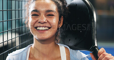 Buy stock photo Padel, sports and portrait of happy woman on court with racket for practice, exercise and challenge. Fitness club, tennis and person with equipment for playing game, match and training for tournament