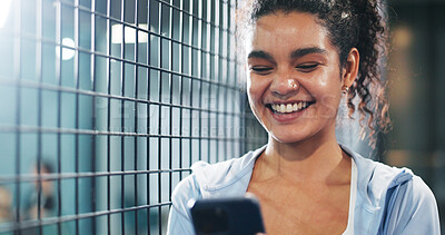 Buy stock photo Sport, woman and happy with phone at tennis court for practice break, texting and internet browsing. Athlete, night and smile with smartphone at padel club for reading notifications and social media