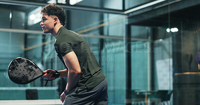 Buy stock photo Padel tennis, athlete and man with racket, court and practice for tournament, wellness and training. Healthy, person and workout routine for fitness, skills or preparing for sport competition or game