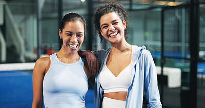 Buy stock photo Happy, friends and portrait of women on padel court for practice, exercise and tennis challenge. Fitness club, sports and people hug for playing game, match and training together for tournament