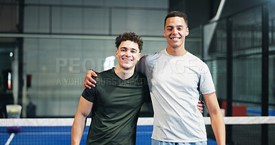 Buy stock photo Happy, friends and portrait of men on padel court for practice, exercise and challenge. Fitness club, sports and people hug with smile for playing game, match and training together for tournament