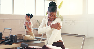 Buy stock photo Woman, arm and injury with pain in gym for muscle tension, joint inflammation or strain. Female person, fitness and sore shoulder with ache or cramp for workout accident or pressure in health club