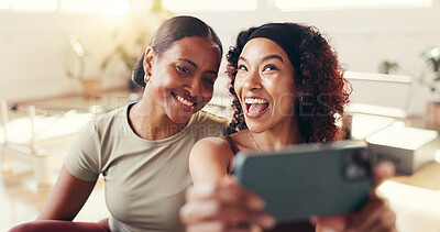 Buy stock photo Girl, friends and selfie with laugh at pilates studio, break and happy with memory, fitness and post on web. Women, photography and smile for profile picture, joke or social media at wellness club