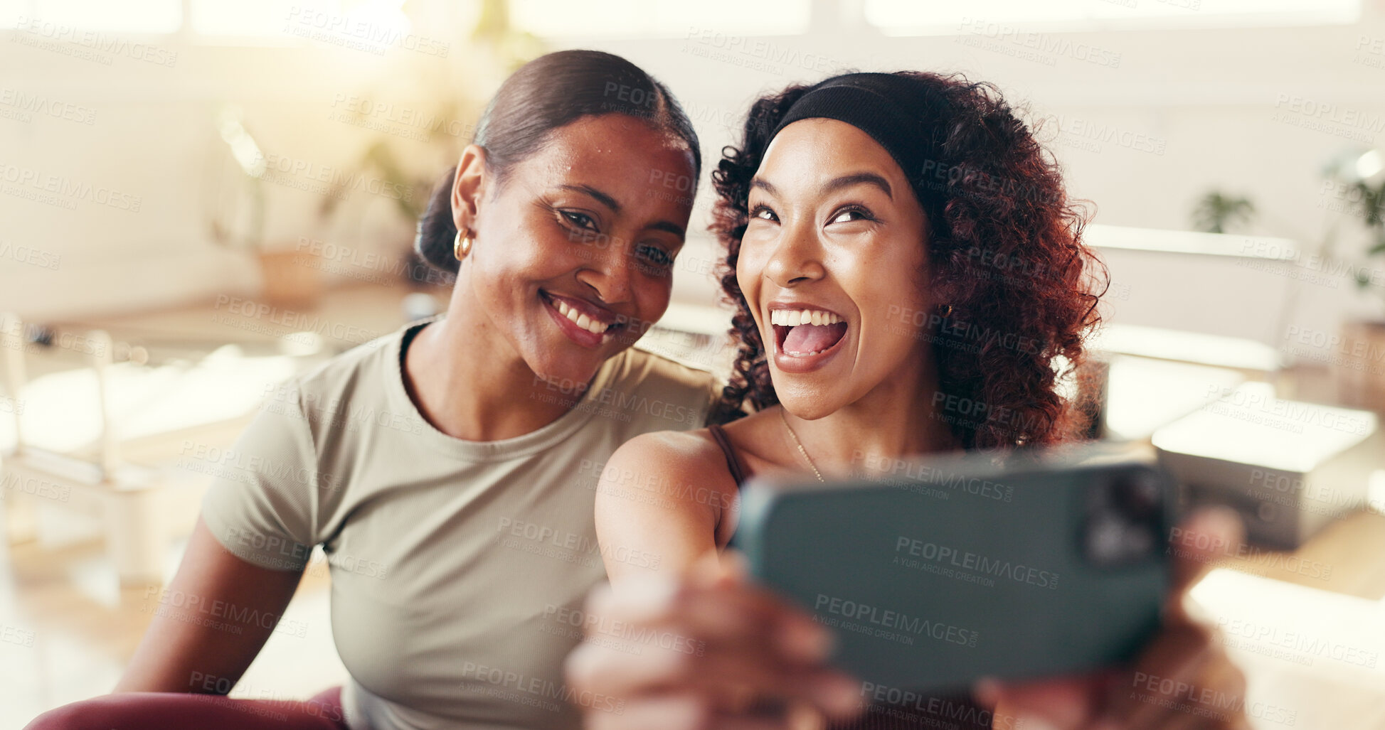 Buy stock photo Girl, friends and selfie with laugh at pilates studio, break and happy with memory, fitness and post on web. Women, photography and smile for profile picture, joke or social media at wellness club