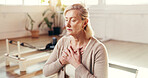Yoga, meditation and old woman in studio, heart health and calm with wellness, chakra and mindfulness. Stress relief, fitness or mature person with workout, zen and gratitude with balance and pilates