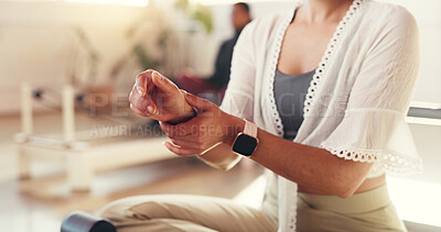 Buy stock photo Woman, hands and gym with wrist pain for muscle tension or carpal tunnel syndrome in fitness center. Female person, injury or pilates class with sore arm, ache or cramp for arthritis in health club