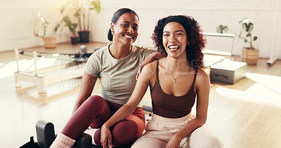 Buy stock photo Portrait, reformer and women with fitness, friends and bonding together with wellness, smile or support. People, happiness and machine with workout, training and challenge with exercise and health