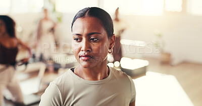 Buy stock photo Woman, determination or fitness with workout in gym for pilates class or physical exercise. Serious, female person or training center with vision for life balance, practice or wellness in health club