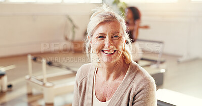 Buy stock photo Portrait, fitness and mature woman in gym, pilates and equipment for workout, confident or wellness. Healthy, smile and person on reformer machine for core strength, happy and exercise for balance