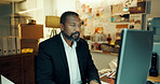 Black man, computer and detective in office with research for case, search for lead or problem solving. Mature person, criminal investigation and check surveillance online for crime analysis at night