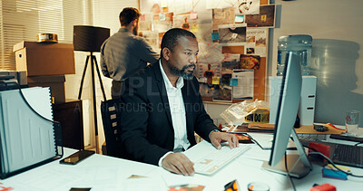 Buy stock photo Man, computer and detective in office with research for case, search for lead or problem solving. Criminal investigation, check surveillance footage online or crime analysis with coworker at night