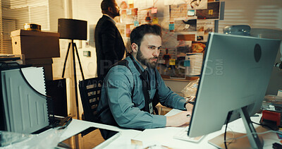 Buy stock photo Man, detective or research on computer at night for reading evidence, problem solving or case report. Investigation, colleagues and analysis of criminal database or online witness statement in office