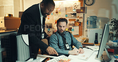 Buy stock photo Computer, evidence and night with detective people in office together for crime investigation. App, photograph and police work with partner men pointing in workplace for evening collaboration on case