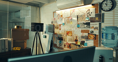 Buy stock photo Office, board and crime evidence with investigation mind map, police workplace and murder proof. Computer, furniture and inspection for problem solving, string planning and criminal lead of homicide