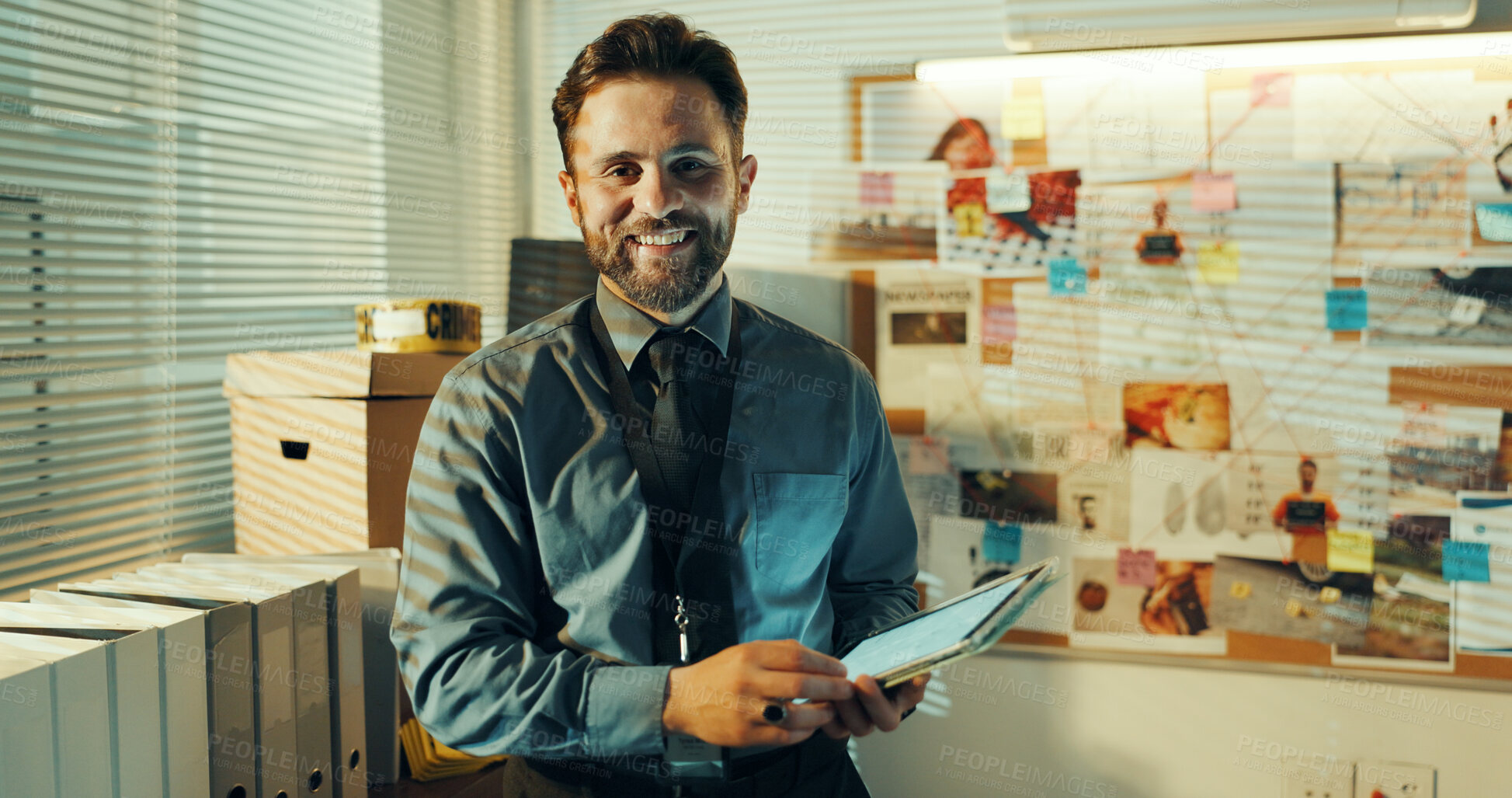 Buy stock photo Portrait, tablet and detective in office with smile for research on case with problem solving. Tech, security and male private investigator with surveillance, justice and evidence investigation