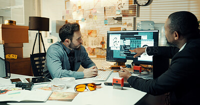 Buy stock photo Man, screen and investigation with fingerprints for crime scene, evidence or trace of suspect. Male people, officer or detective with discussion of killer for police work, DNA sample or results