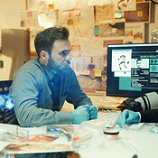 Investigating Humans Man, teamwork and investigation with fingerprints screen for crime ...