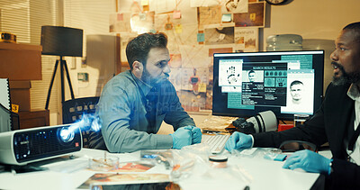 Buy stock photo Man, teamwork and investigation with fingerprints screen for crime scene, evidence or trace of suspect. People, officer or detective with collaboration for police work, DNA sample or killer results