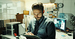 Man, police or research on tablet in office for surveillance, evidence report or case deadline. Justice, detective or criminal database for crime investigation, digital forensics or reading statement