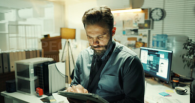 Buy stock photo Man, detective or investigation on tablet in office with evidence report, records or case deadline. Justice, investigator or online database for crime analysis, digital forensics or reading statement